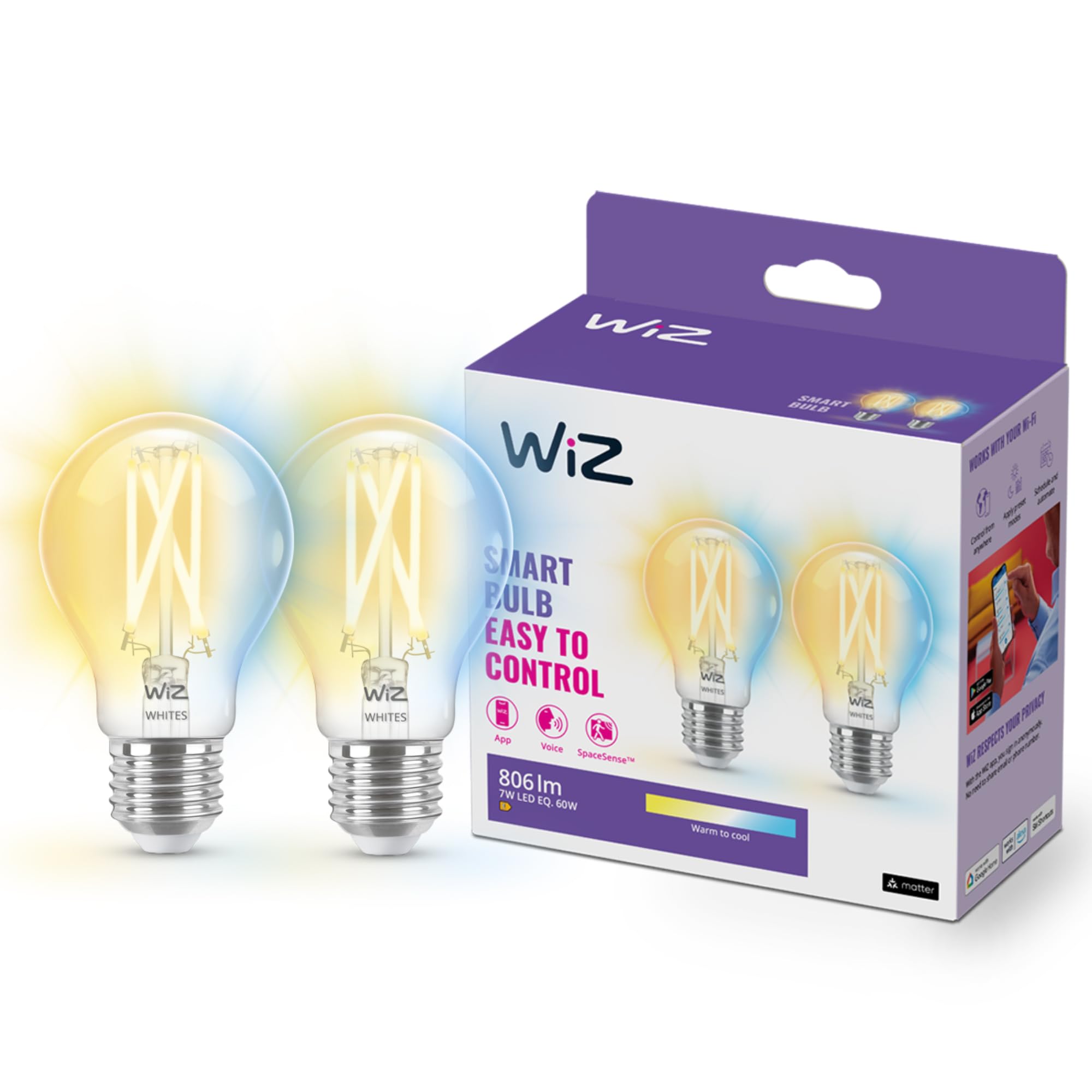 wiz-tunable-white-led-filament-e27-2er-pack-806lm-warm-bis-kaltwei-dimmbar image 1