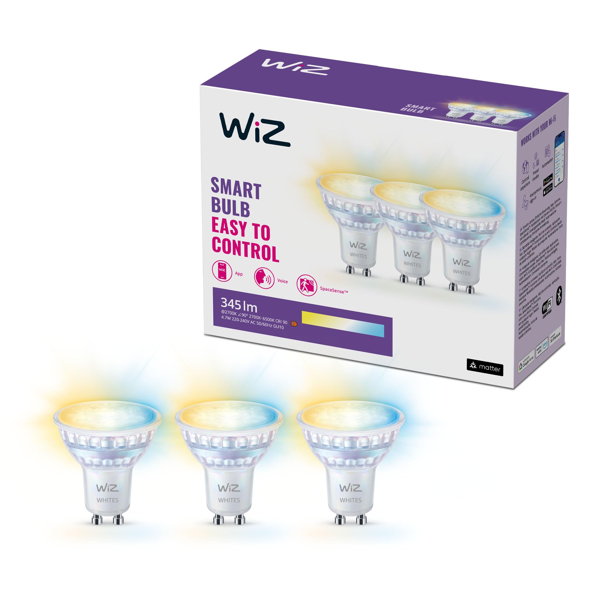 wiz-tunable-white-led-spot-gu10-glas-3er-pack-345lm-dimmbar image 1